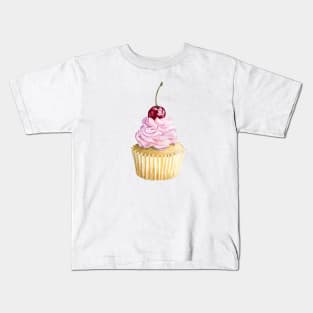 Pink watercolor cupcake with cherry Kids T-Shirt